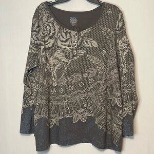 Only Necessities Woman’s Gray 1/4-Button Floral Blouse Top Size 1X.